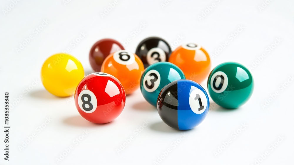Colorful Billiard Balls on White: A Still Life of Pool Game Numbers Colorful Billiard Balls on White: A Still Life of Pool Game Numbers