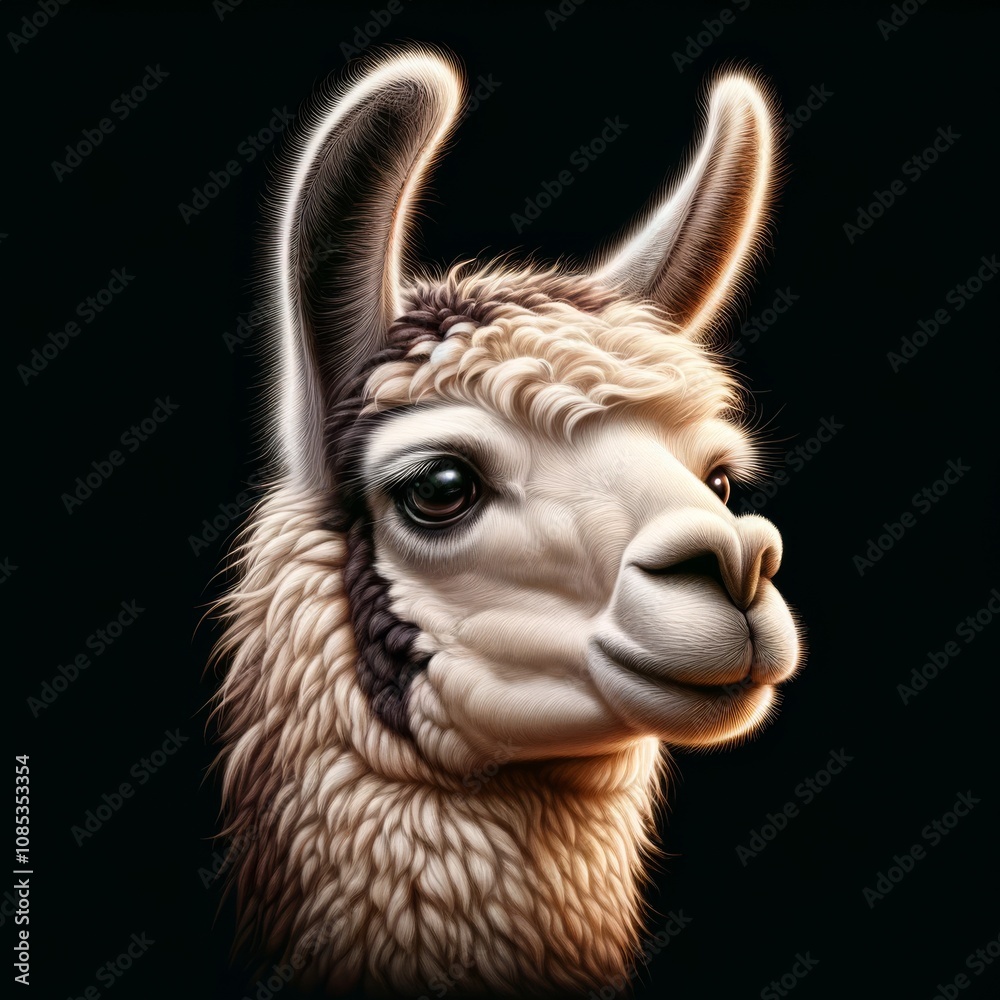 Fototapeta premium Llama Animal Portrait. Cute Funny Mascot Lama Pet. Exotic Camel Adorable and Funny Creature Closeup Illustration. One Animal Front View Art. 