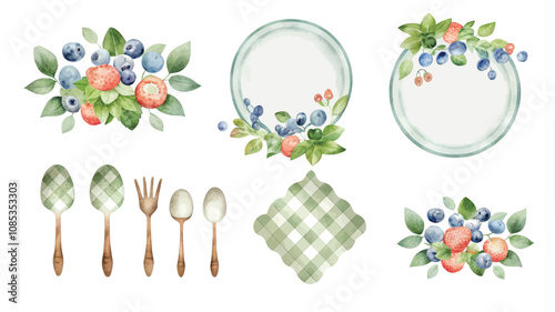 Vector set of blueberries, strawberry, blueberry, mint leaves and wooden spoons.