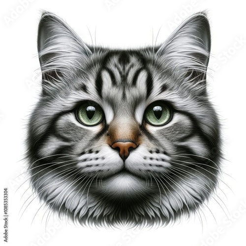 Cute Domestic Cat Animal Face Portrait. Fluffy Cozy Home mascot Character. Whiskers and Smart Attentive Eyes. Lovely Isolated Adorable Kitty Pet Illustration. 