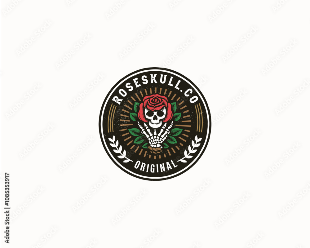 Fototapeta premium Vintage badge dead skull with rose illustration logo printing for business company
