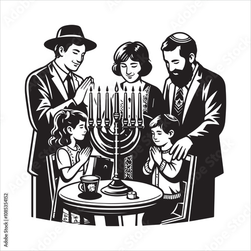 Jewish Family Celebrating Hanukkah with a Menorah. A stylized black and white illustration of a Jewish family gathered around a lit menorah.