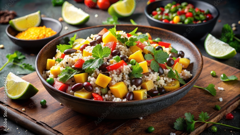 Night Photography of a Quinoa Salad with Diced Mango, Red Bell Pepper, Black Beans, Cilantro, Lime Vinaigrette, and Queso Fresco Showcasing a Flavorful Culinary Delight Night Photography of a Quinoa Salad with Diced Mango, Red Bell Pepper, Black Beans, Cilantro, Lime Vinaigrette, and Queso Fresco Showcasing a Flavorful Culinary Delight
