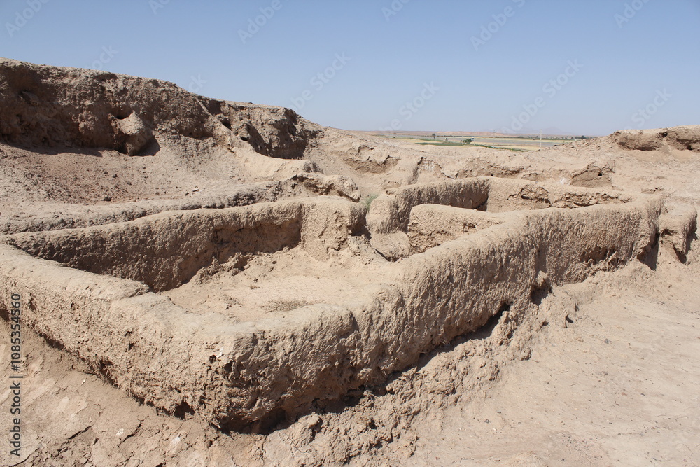 Obraz premium Archaeological site with excavated stone walls, revealing ancient architecture and historical ruins in a vast open area.