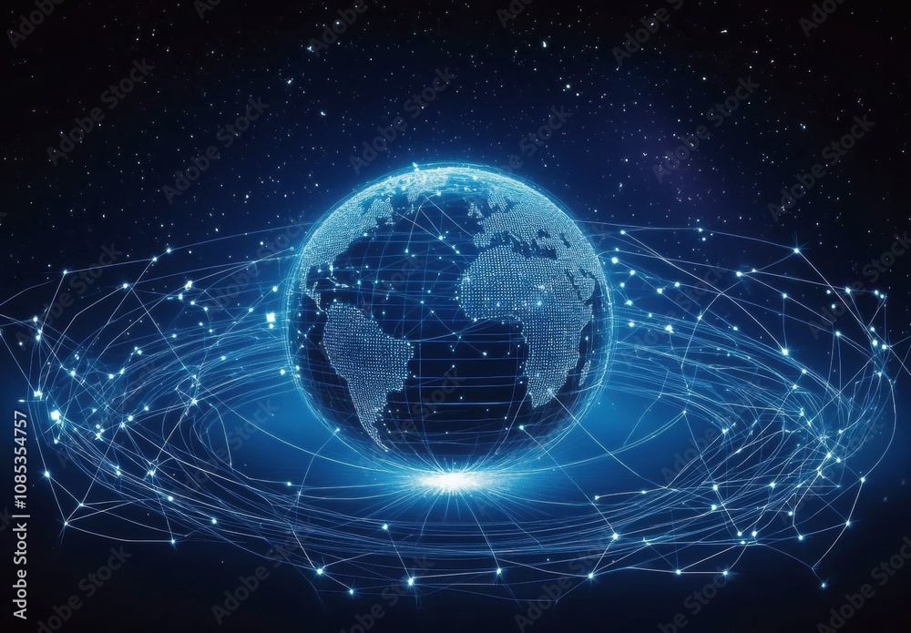 Stunning Digital Visualization of the Earth Surrounded by a Web of Connecting Lines and Dots Illustrating Global Networks and Data Exchange in a Futuristic Setting Stunning Digital Visualization of the Earth Surrounded by a Web of Connecting Lines and Dots Illustrating Global Networks and Data Exchange in a Futuristic Setting