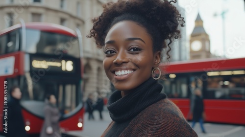 A joyful Black woman enjoys her time in bustling London, surrounded by iconic buses