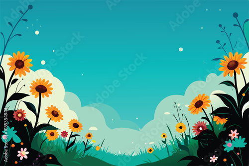 Create a vibrant vector background featuring bright yellow sunflowers and other colorful flowers, suitable for various design projects.  High resolution, detailed petals.