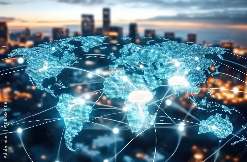 Global Network Connections Over a Cityscape at Dusk, Showcasing Digital Data Flow and Interconnectedness Between Continents and Regions Global Network Connections Over a Cityscape at Dusk, Showcasing Digital Data Flow and Interconnectedness Between Continents and Regions