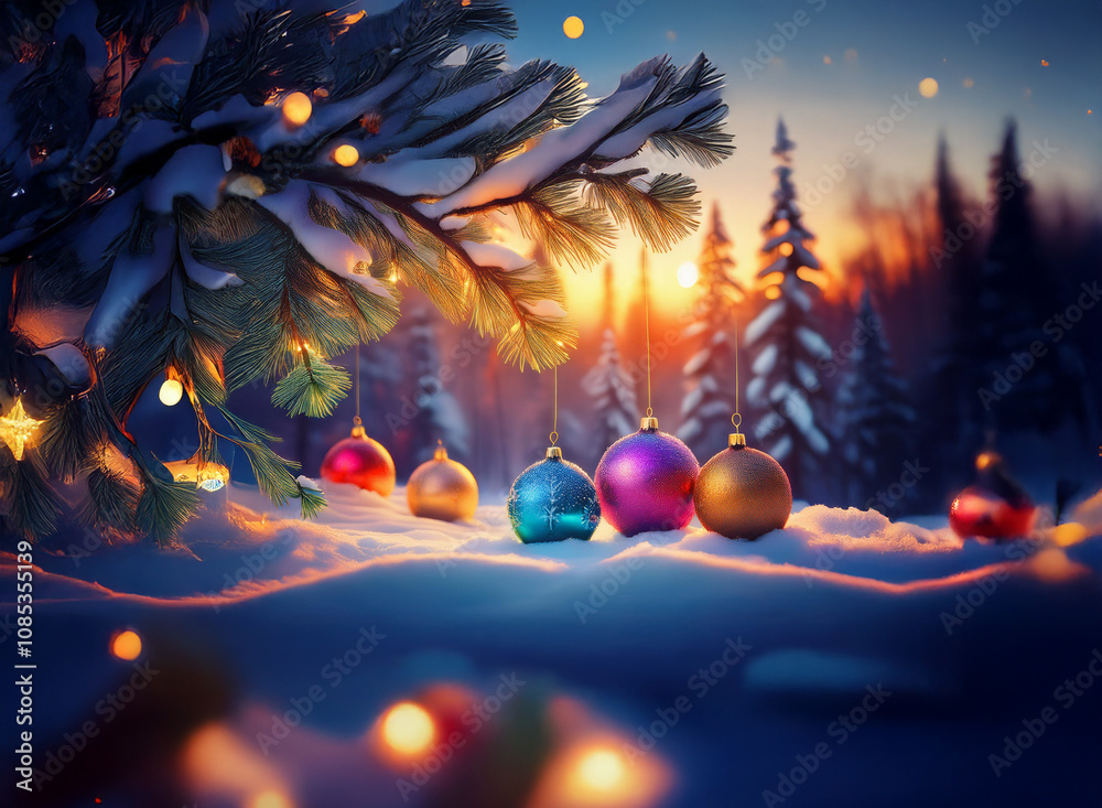 A snowy winter scene at sunset. Colorful Christmas baubles rest on a snowdrift beneath a snow-laden evergreen branch adorned with twinkling lights. The tranquil forest glows warmly in the fading ligh A snowy winter scene at sunset. Colorful Christmas baubles rest on a snowdrift beneath a snow-laden evergreen branch adorned with twinkling lights. The tranquil forest glows warmly in the fading ligh