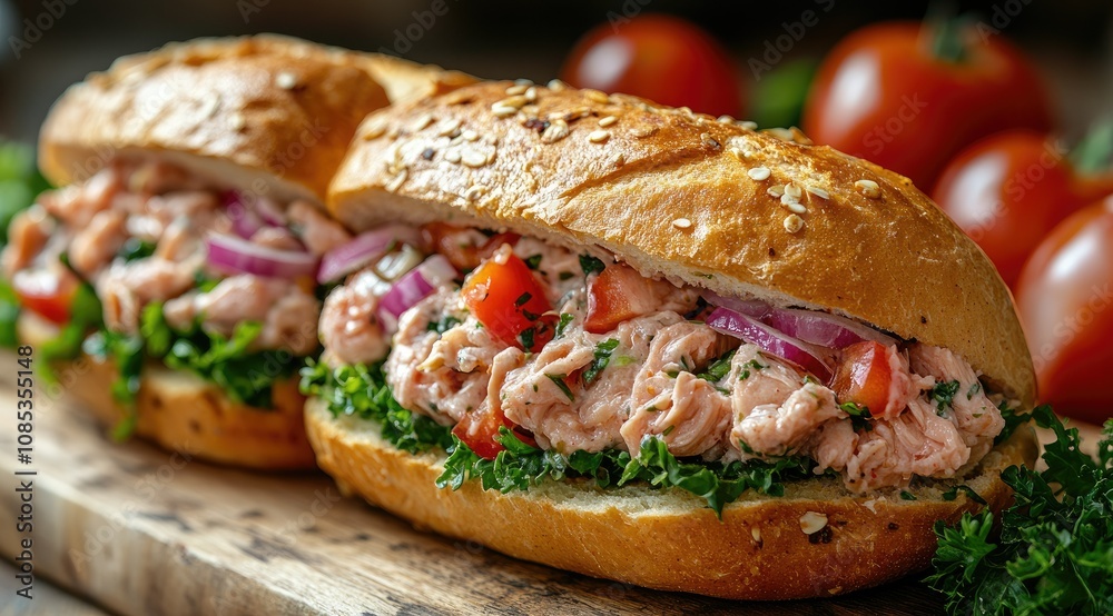 Delicious salmon salad sandwich on sesame roll with lettuce, tomato, and red onion.