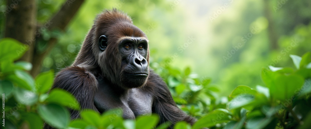 Obraz premium Gorilla gazing thoughtfully in lush green jungle environment