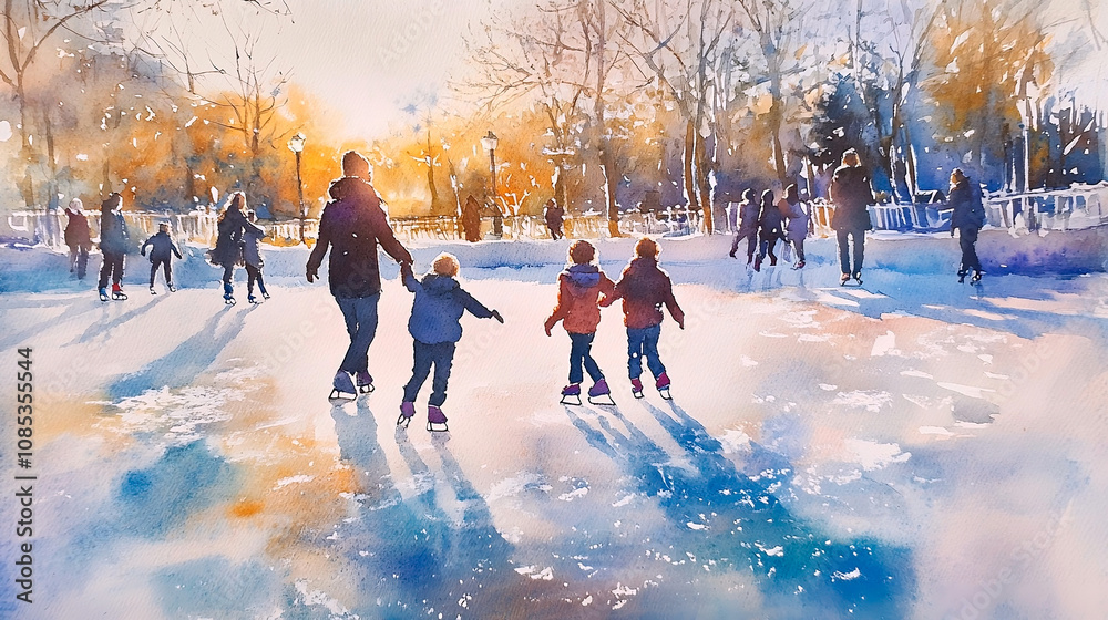 Watercolor illustration of happy family with children skating on a frozen lake in the park. Winter sports, weekends, winter school holidays, family vacation. Watercolor illustration of happy family with children skating on a frozen lake in the park. Winter sports, weekends, winter school holidays, family vacation.