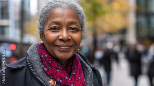 A smiling Black woman radiates joy amid the vibrant atmosphere of London in autumn