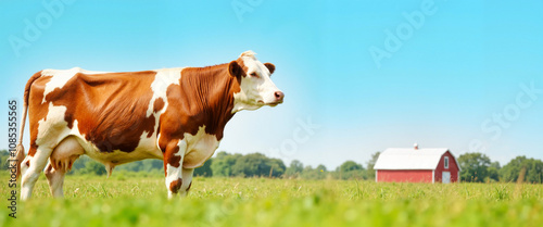 Spotted dairy cow standing in green field near red barn