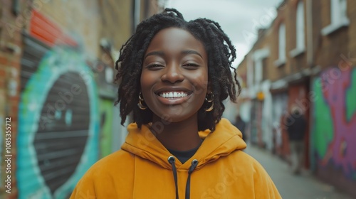 A Black woman expresses happiness in an urban setting filled with colorful street art