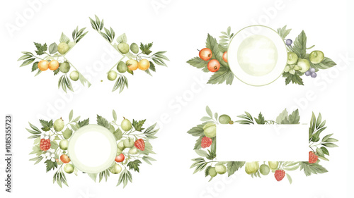 Set of watercolor berry wreaths. Vector illustration.