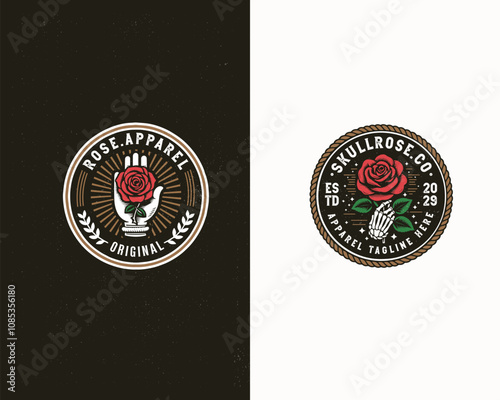 Vintage badge dead skull with rose illustration logo printing for business company photo