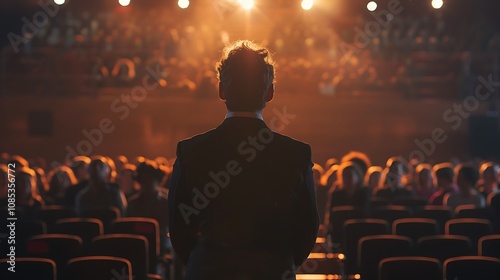 A speaker stands before an audience in a theater, illuminated by stage lights.