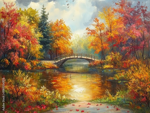 Serene autumn landscape painting featuring a charming wooden bridge over a calm pond, surrounded by vibrant fall foliage.