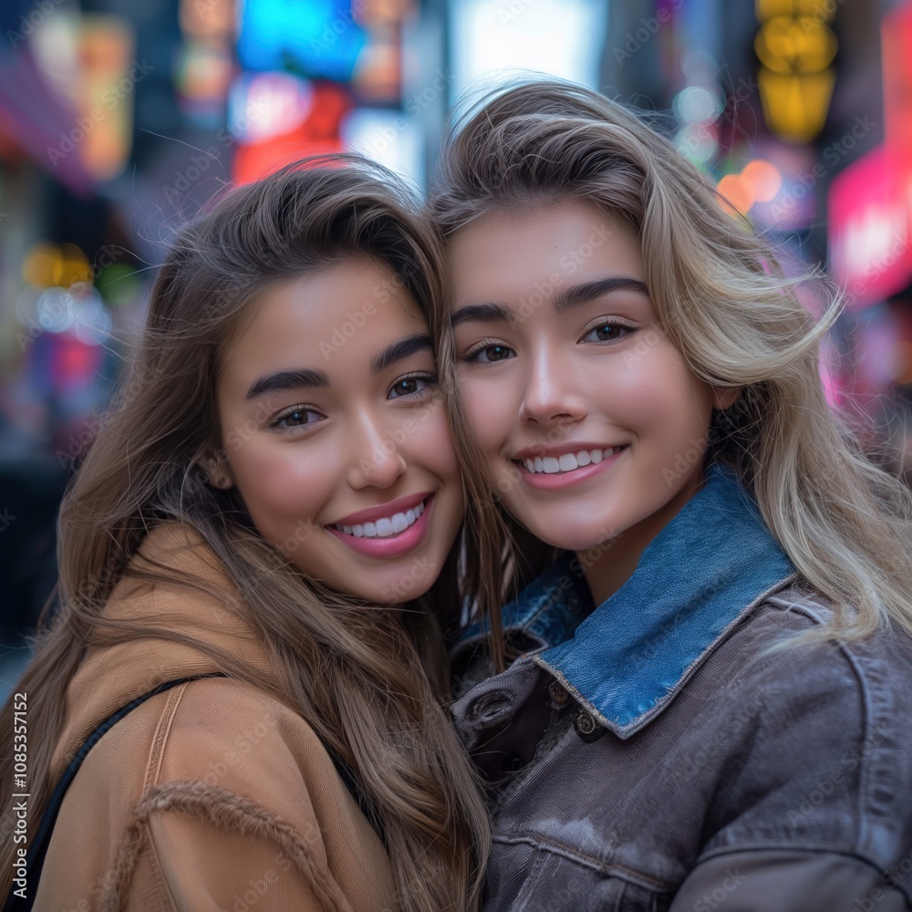 Two joyful teenagers pose together with smiles in the lively atmosphere of New York Two joyful teenagers pose together with smiles in the lively atmosphere of New York