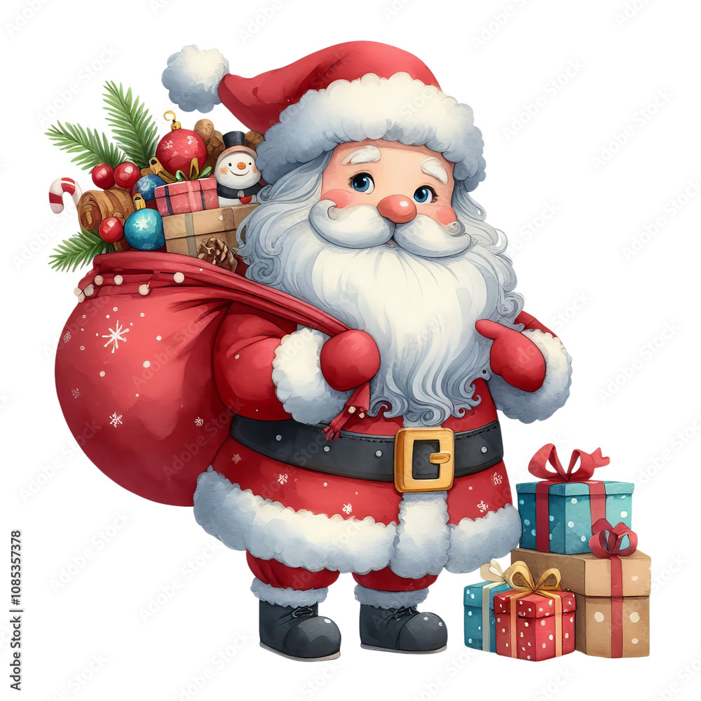 Santa Claus in a charming watercolor cartoon style, smiling brightly and holding a big sack of presents, perfect for Christmas-themed designs.