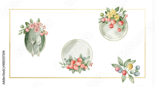 Watercolor set of vintage tableware with floral design elements. Vector illustration.