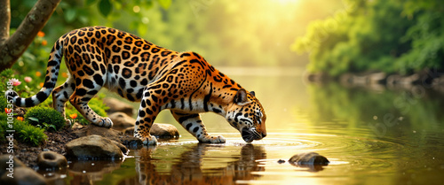 Jaguar drinking water from river in lush jungle setting