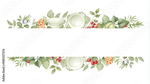 Ceramic tableware with leaves and berries. Vector illustration.
