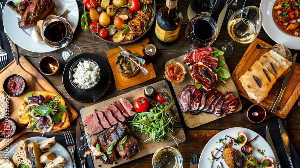 An overhead view of a table spread with a variety of food and drinks, including meat, cheese, bread, and wine. An overhead view of a table spread with a variety of food and drinks, including meat, cheese, bread, and wine.