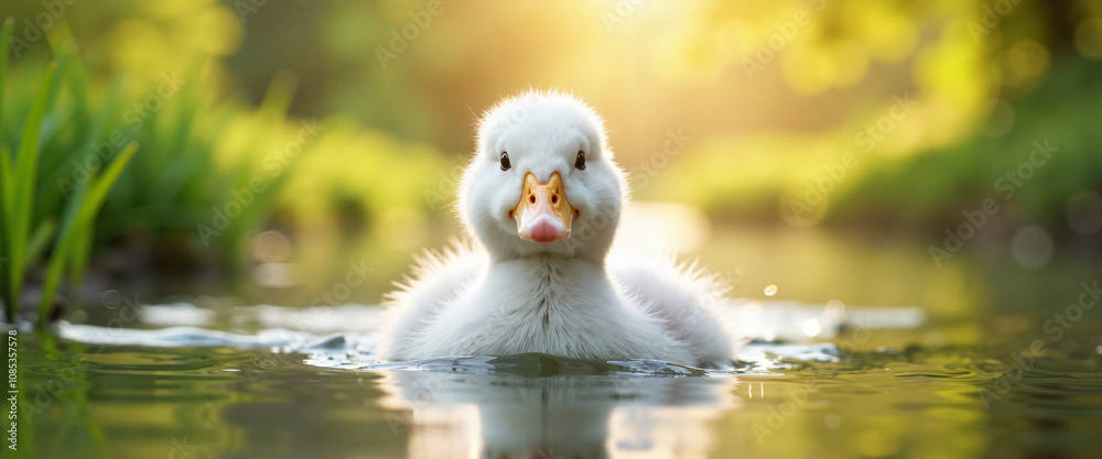 Obraz premium Fluffy white duckling swimming in sunlit pond