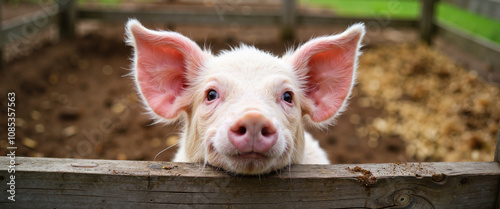Cute piglet peeking over wooden fence in farm enclosure