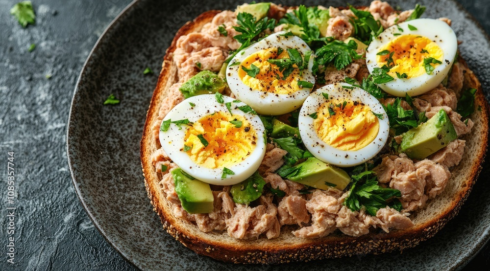 Delicious tuna, avocado, and egg toast on dark plate. Delicious tuna, avocado, and egg toast on dark plate.