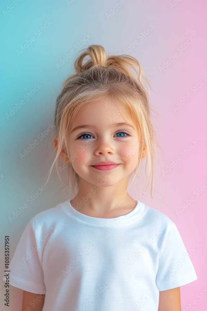 Naklejka premium Gazing with calm blue eyes, a young girl with freckles is framed by a soft pink and blue neon fluorescent gradient, creating a gentle feel.