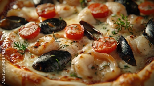 Seafood pizza. Delicious and juicy. Cream sauce