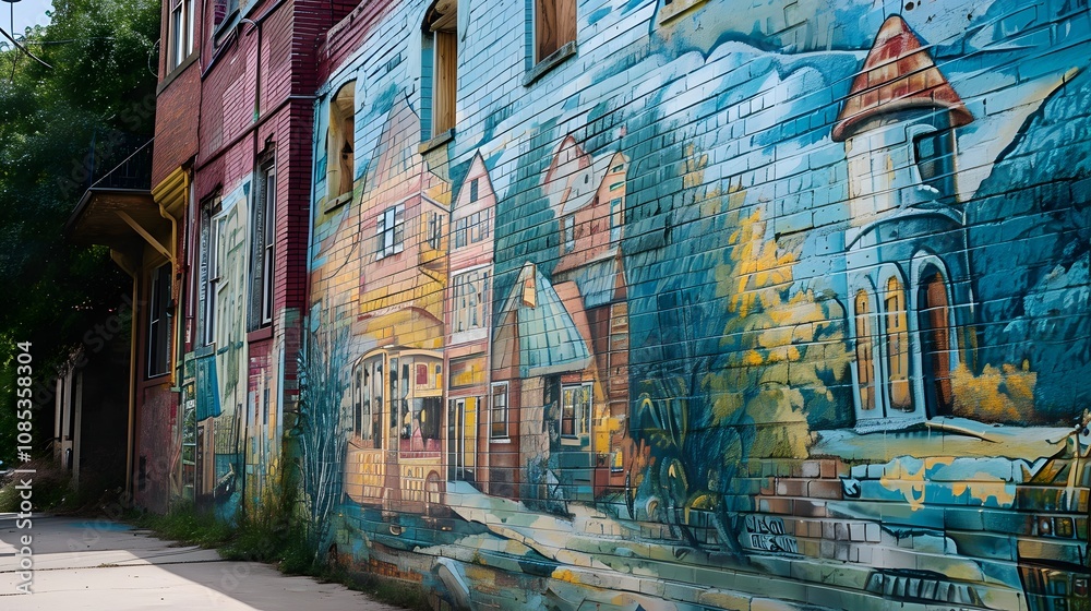 Fototapeta premium Whimsical Wall Mural Depicting a Vintage Village Scene with Architectural Details