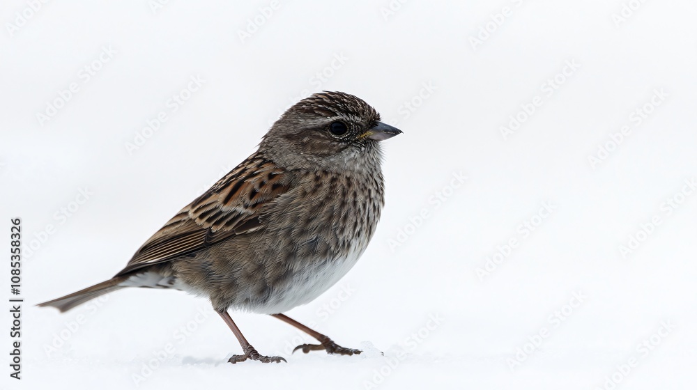 A small brown bird stands on the snow against a white background. Winter wildlife photography. A small brown bird stands on the snow against a white background. Winter wildlife photography.