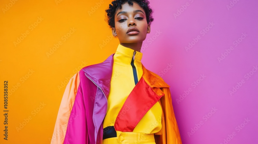 Vibrant Fashion Model Against Colorful Background Vibrant Fashion Model Against Colorful Background
