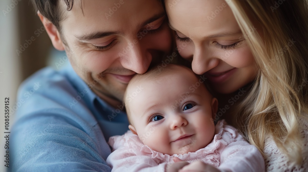 A joyful couple embraces their baby with love and affection, highlighting their bond A joyful couple embraces their baby with love and affection, highlighting their bond