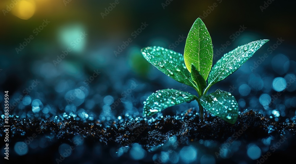 Dew-kissed sprout emerging from rich soil, illuminated by soft light. Dew-kissed sprout emerging from rich soil, illuminated by soft light.