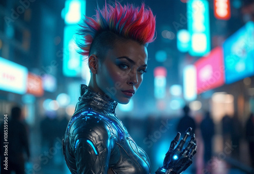 Mohawk Woman Cyberpunk Futuristic Pink Hair Bodysuit Neon Nights Cityscape Jumpsuit Overalls