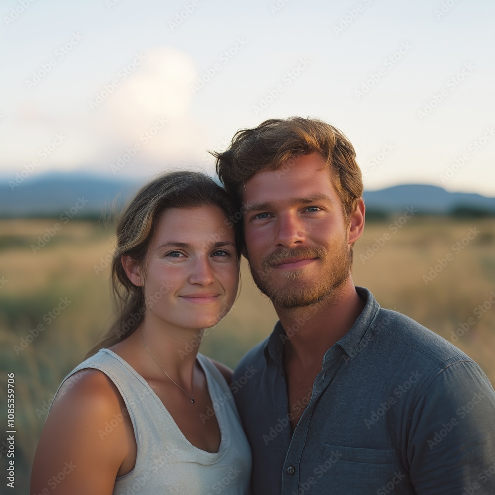 A joyful couple enjoys a warm moment in a sunlit field, capturing genuine connection A joyful couple enjoys a warm moment in a sunlit field, capturing genuine connection