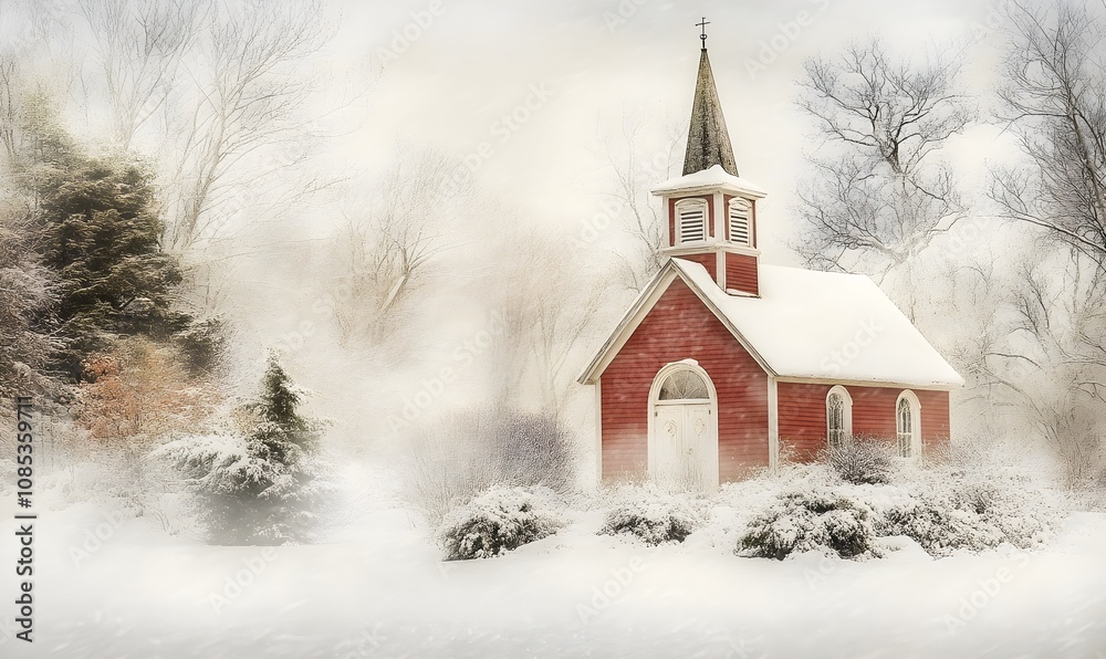 A small red church in the snow surrounded by trees and bushes creating a peaceful and enchanting atmosphere with soft mist and a magical snowy landscape A small red church in the snow surrounded by trees and bushes creating a peaceful and enchanting atmosphere with soft mist and a magical snowy landscape