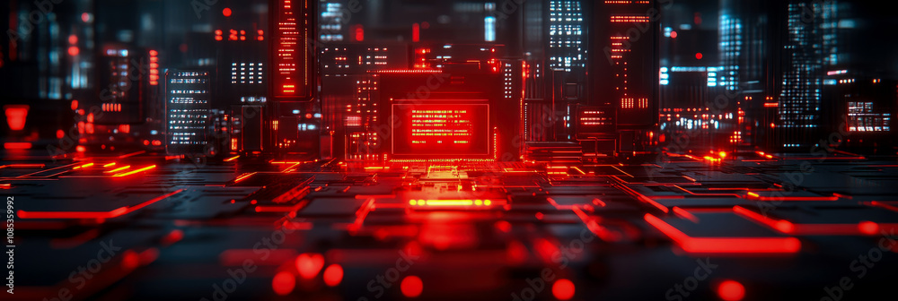 A stunning view of a futuristic city illuminated by vivid red and blue lights during the night, highlighting advanced technology and urban design A stunning view of a futuristic city illuminated by vivid red and blue lights during the night, highlighting advanced technology and urban design