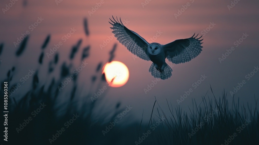 Obraz premium Barn Owl in Flight at Sunset: A Majestic Silhouette