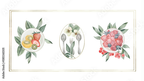 Set of watercolor porcelain dishes with fruits and berries. Hand drawn vector illustration.