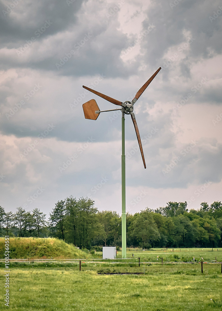 Fototapeta premium A rural Dutch landscape featuring a small EAZ wind turbine, green fields, trees, and dramatic clouds on a spring day in the Netherlands.