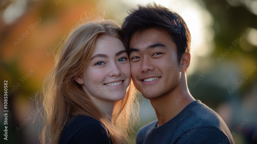A happy couple smiles warmly at each other in natural light, capturing their connection