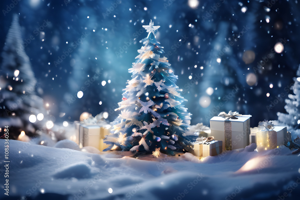 Obraz premium Christmas background. Xmas tree with snow decorated with garland lights, holiday festive background. backdrop. New year Winter art design, Christmas scene wide screen holiday border