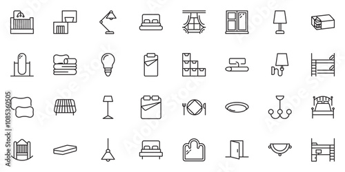 Furniture flat line icons set. Kitchen, bedroom, sofa table, bookcase closet, chair, mattress, lamps, ladder vector illustrations
