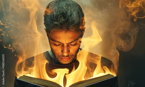 Burning Book: A Man Engulfed in the Flames of Knowledge